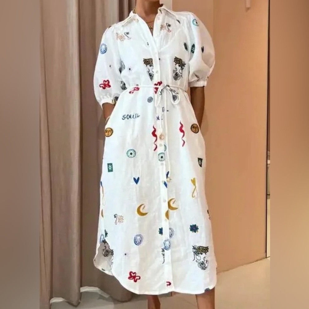 New graphic printed lantern sleeve belted button down dress